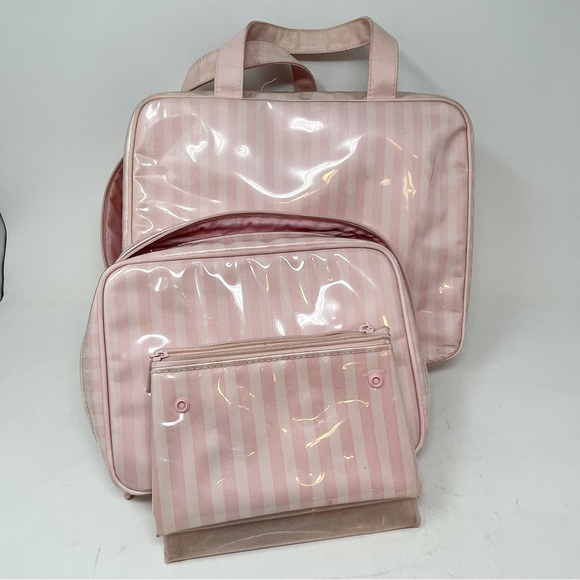 Victoria's Secret Handbags - Vintage VICTORIA’S SECRET Iconic Pink Stripe Makeup Toiletry Bags Set Of 7